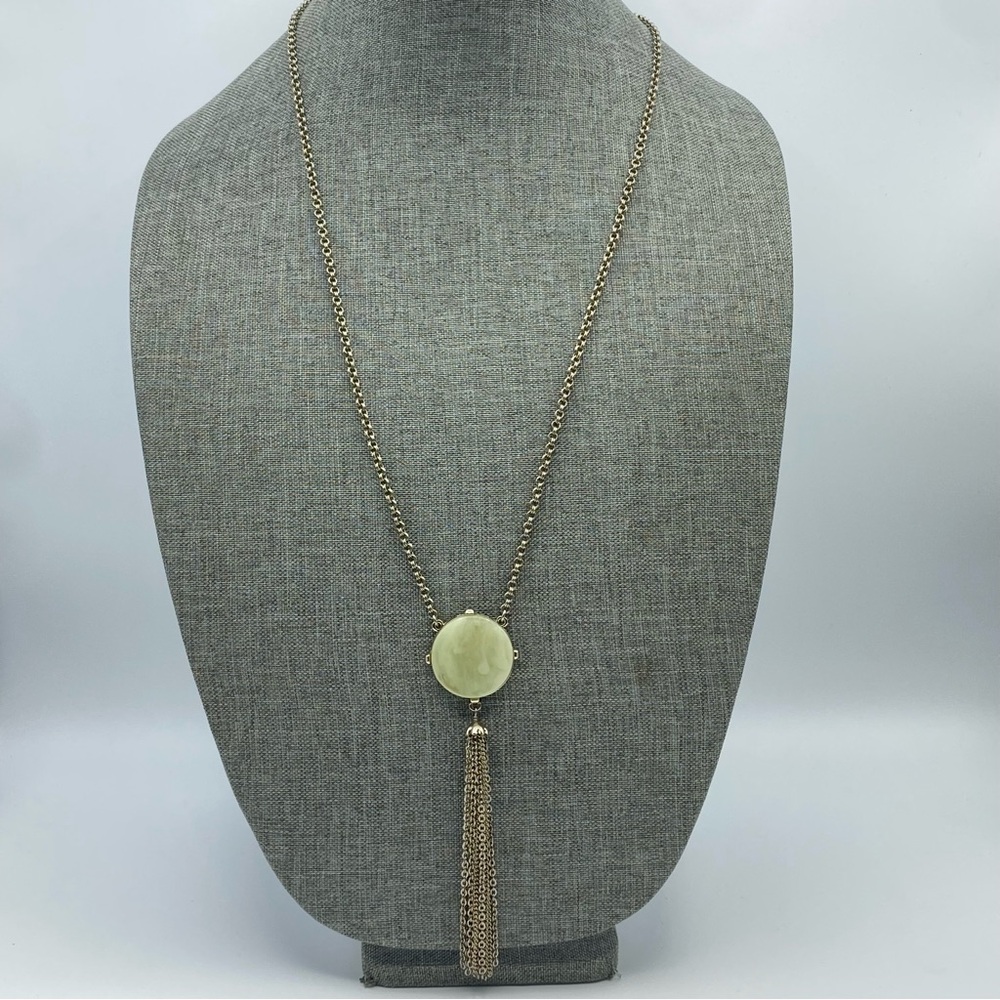 LOFT Marbled Green Acrylic Disc Pendant Tassel Necklace Pale Gold Tone Preppy